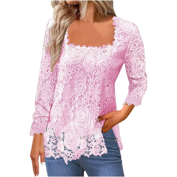 Mikilon Women's Casual Square Neckline Blouses Solid Color Long Sleeve Lace Shirts