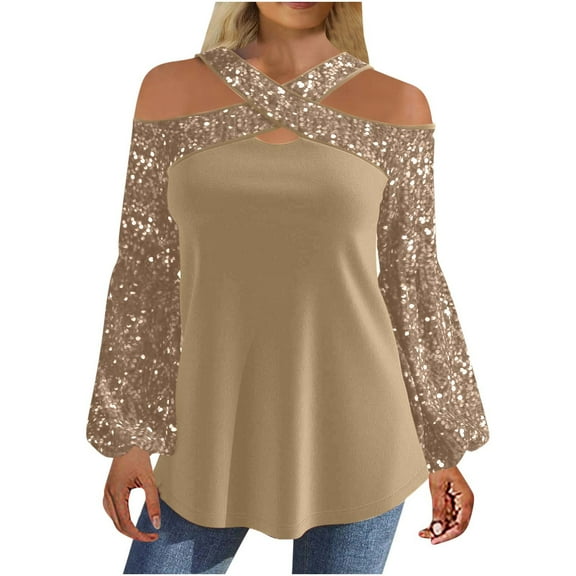Mikilon Women's Cross Neck Tops Off Shoulder Lantern Sleeve Sequin Casual Tops Loose Hem Blouse