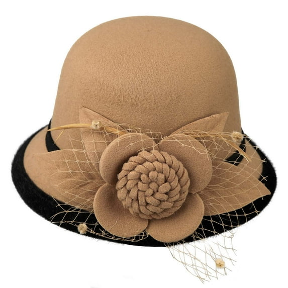 Mikilon Women's Elegant Wintage Hats Fashion Ornamental Tulle Flowers Hats Patchwork Color Warm Round Top Hats
