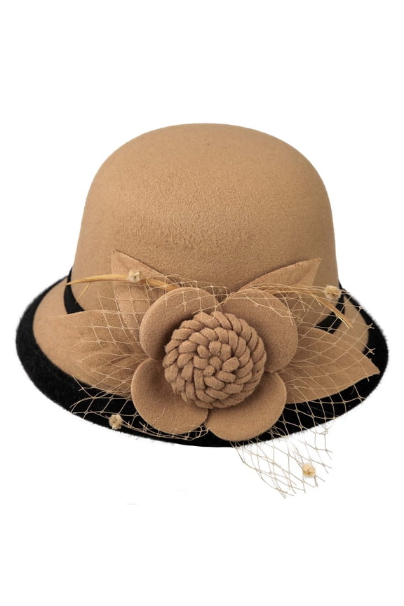 Mikilon Women's Elegant Wintage Hats Fashion Ornamental Tulle Flowers Hats Patchwork Color Warm Round Top Hats