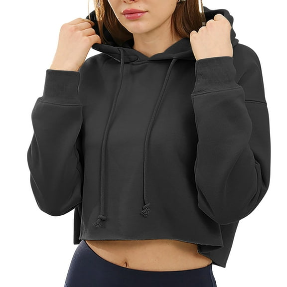 Mikilon Women's Fashion Cropped Hoodies Solid Color Base Shirt Solid Color Casual Shirts