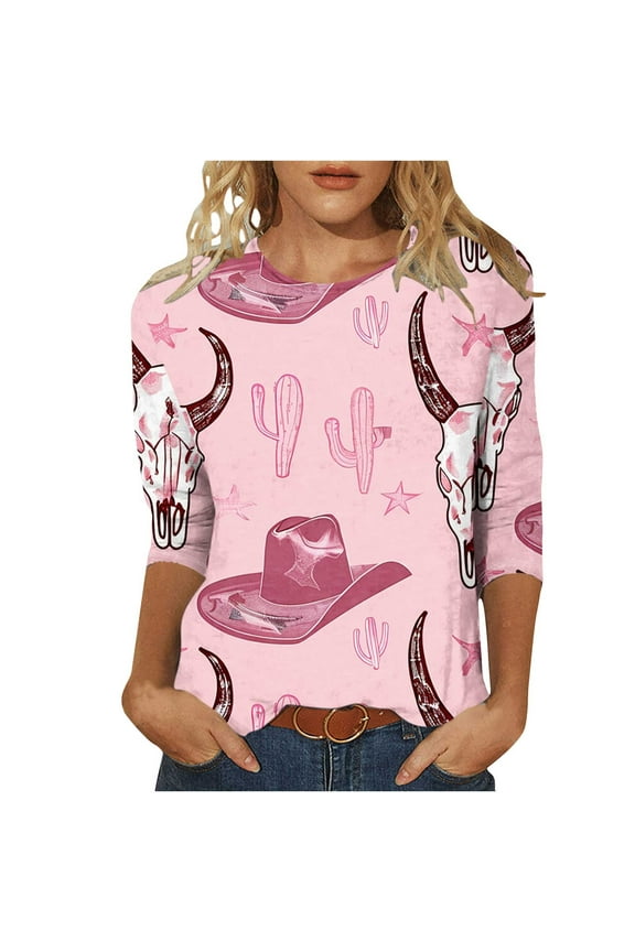 Women's Fashion Printed Cowboy Boots Round Neck 3/4 Sleeve Graphic T-shirt Top