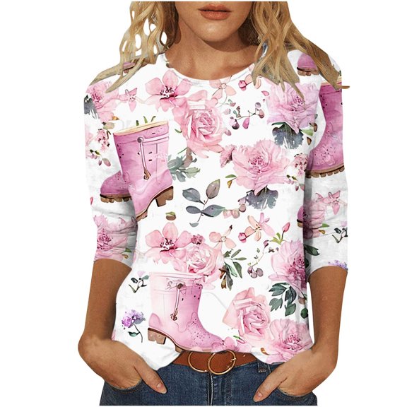 Mikilon Women's Fashion Printed Cowboy Boots Round Neck 3/4 Sleeve Graphic T-shirt Top