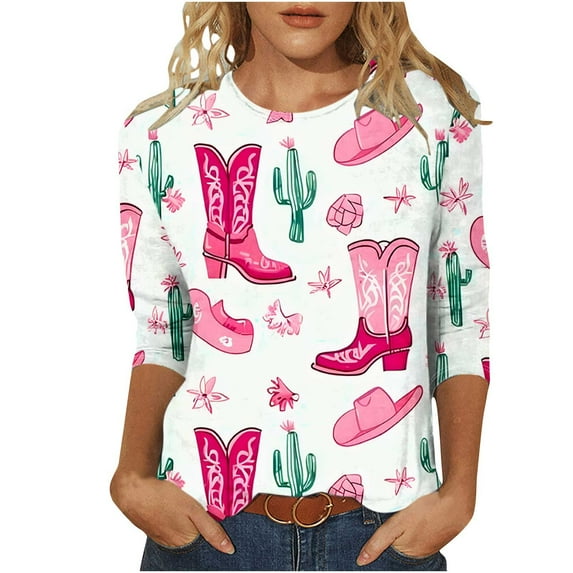 Mikilon Women's Fashion Printed Cowboy Boots Round Neck 3/4 Sleeve Graphic T-shirt Top
