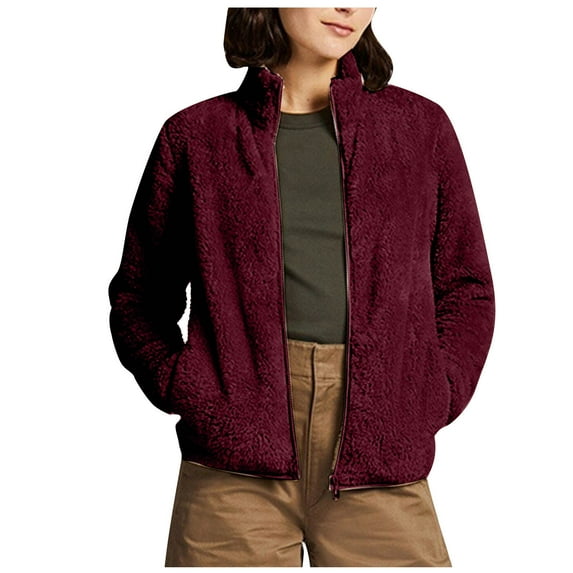 Mikilon Women's Long Sleeve Fleece Jackets Zipper Solid Color Pocket Plus Velvet Warm Coat