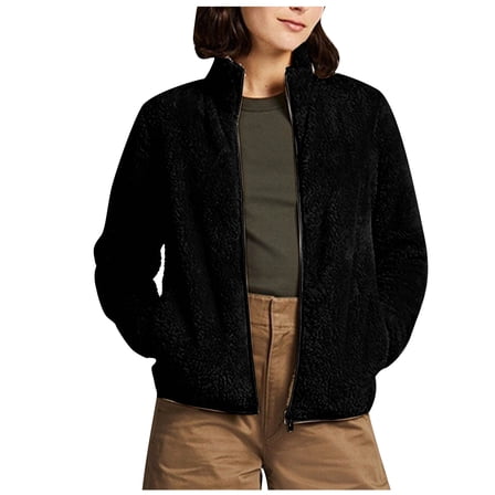 Mikilon Women's Long Sleeve Fleece Jackets Zipper Solid Color Pocket Plus Velvet Warm Coat