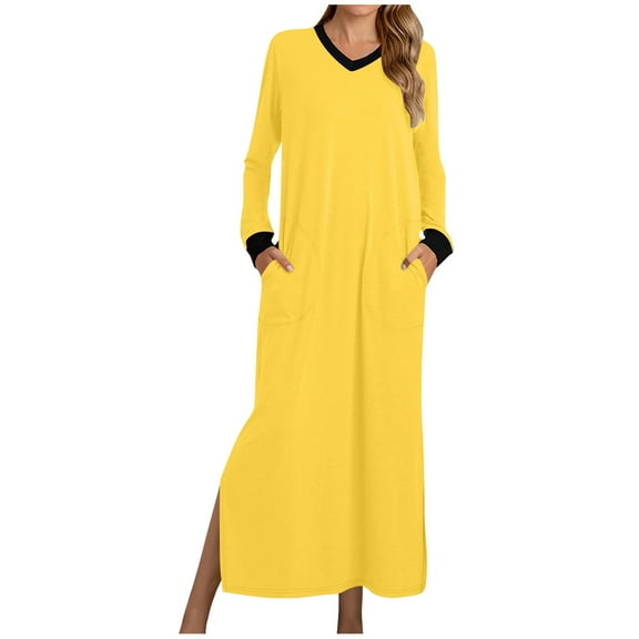 Mikilon Women's Long Sleeve Nightgown Solid Color V-Neck Dress with Pocket Side Slit Sleepwear Dress