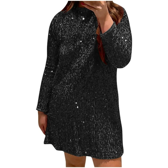 Mikilon Women's Long Sleeve Sequin Dress Casual Round Neck Loose Dress Fashion Short Dress