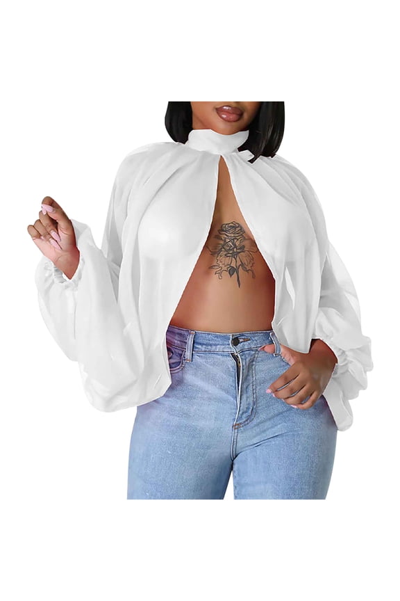 Mikilon Women's Loose Casual Shirts Lantern Sleeve Solid Color Chiffon Shirts Long Sleeve Tops