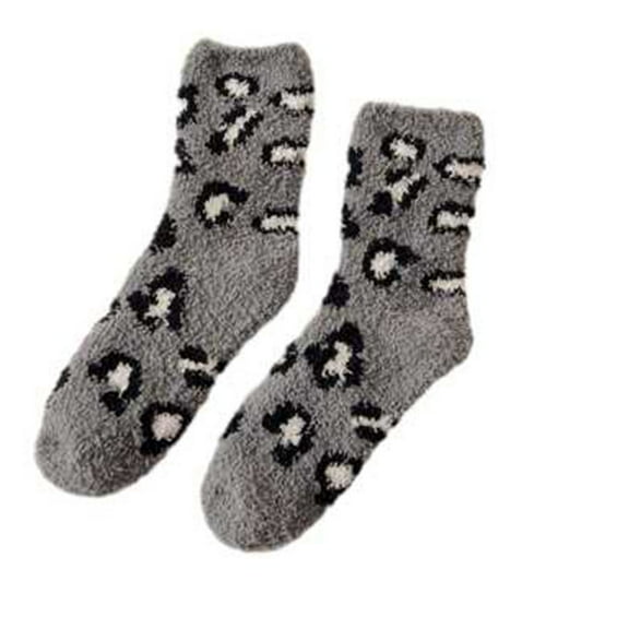 Mikilon Women's Mid Length Socks Leopard Print Thermal Socks Half Fleece Coral Fleece Thickened Warm Sleeping Socks
