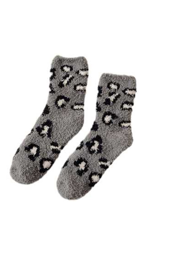 Mikilon Women's Mid Length Socks Leopard Print Thermal Socks Half Fleece Coral Fleece Thickened Warm Sleeping Socks