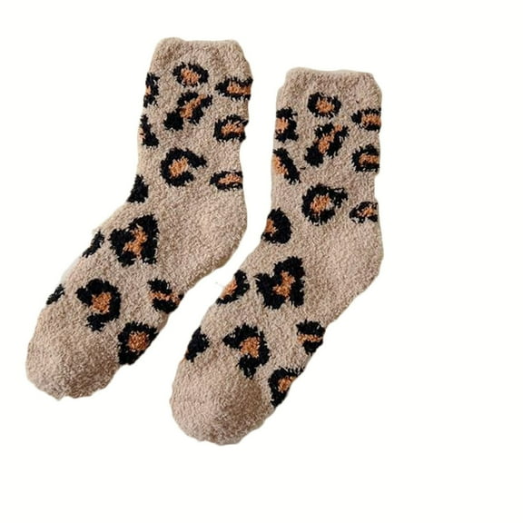 Mikilon Women's Mid Length Socks Leopard Print Thermal Socks Half Fleece Coral Fleece Thickened Warm Sleeping Socks