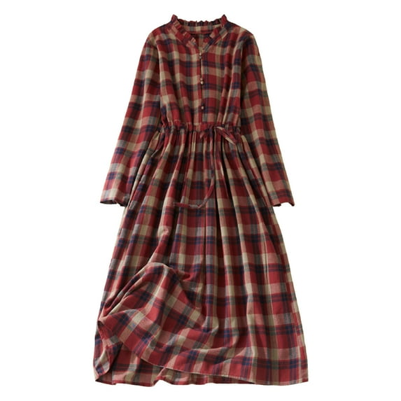 Mikilon Women's Plaid Maxi Dress Button Up Tiered Ruffle Flowy Check Dresses Tartan Long Dress with Tie Belt