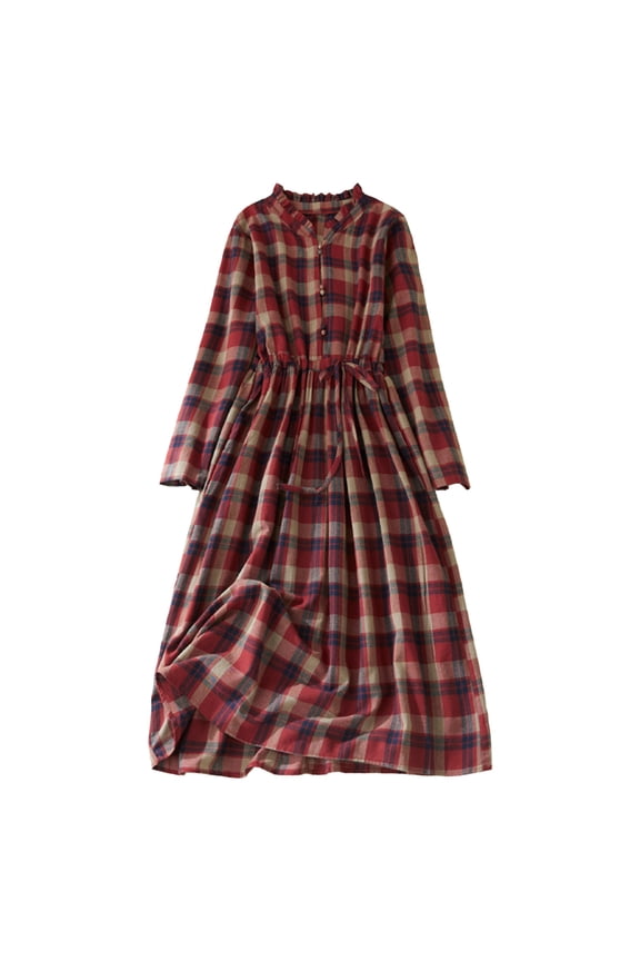 Mikilon Women's Plaid Maxi Dress Button Up Tiered Ruffle Flowy Check Dresses Tartan Long Dress with Tie Belt