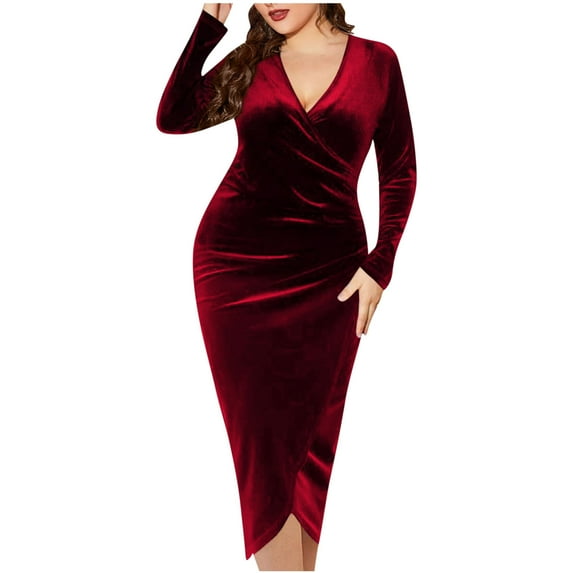 Mikilon Women's Plus Size Elegant Dress Solid Color V-neck Gold Velvet Dress