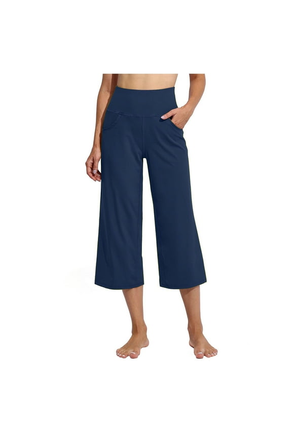 Women's Pure Color High Waist Sports Fitness Yoga Wide Wide Leg Capris Womens Running Pants Plus Size Summer Deal