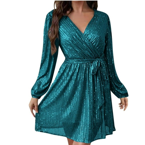 Mikilon Women's Sequin Lantern Sleeve Dress V-Neck Long Sleeve Belt Dresses Solid Color Middle Length Dress