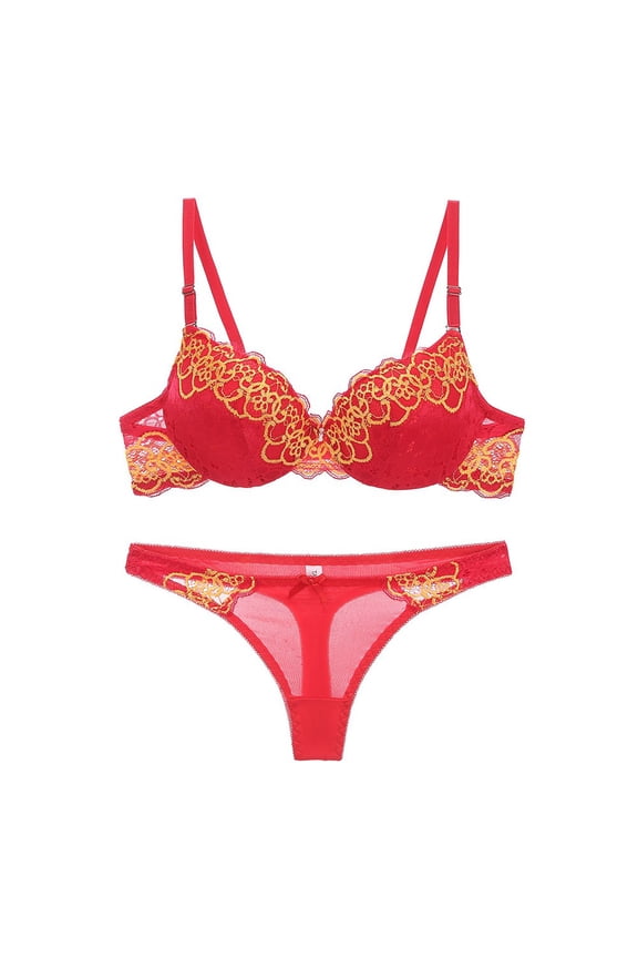 Women's Embroidered Lace Gathered Bra Thong Set Daily Bra