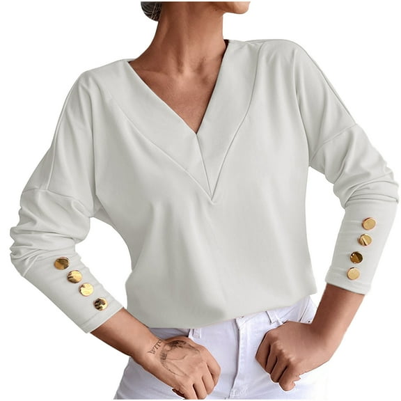 Mikilon Women's Solid Color V-neck Shirts Fashionable Loose Undershirts Casual Long Sleeve Tops