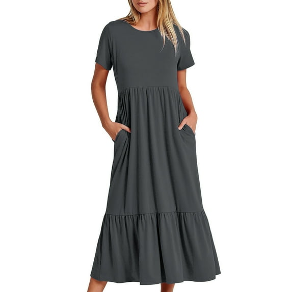 Mikilon Women's Summer Maxi Dress with Pockets,Casual Short Sleeve Crew Neck Dress
