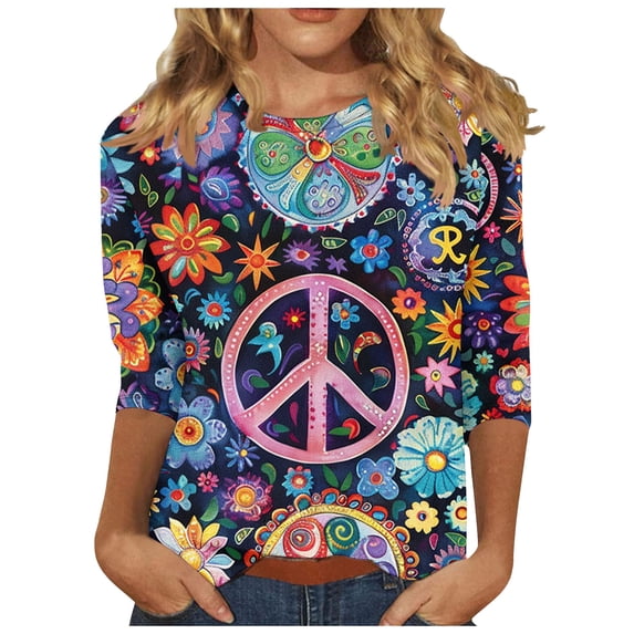 Mikilon Women's T-Shirts Women's Casual Fashion T-shirt Printed 3/4 Sleeve Round Neck Ruched Pullover Blouse Tops