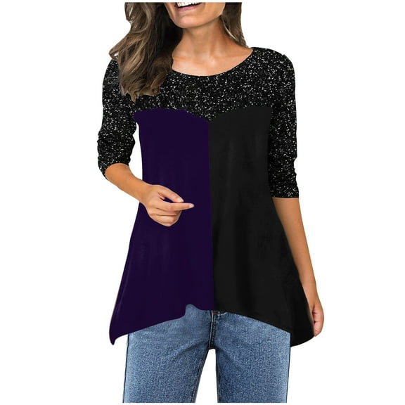 Mikilon Women's Temperament Shirts Long Sleeve Round Neck Patchwork Irregular Hem Top Versatile Blouses