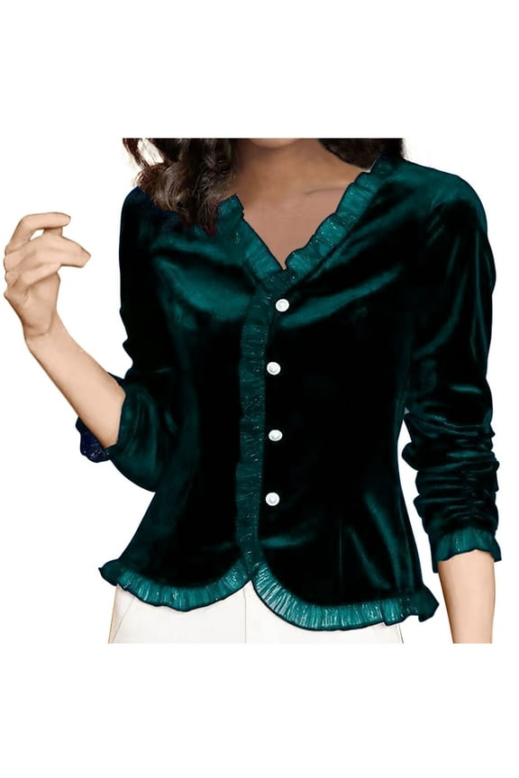 Women's V-Neck Pullover Shirts Golden Velvet Warm Undershirts Button Down Long Sleeve Tops