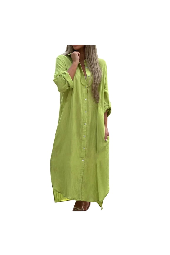 Mikilon Women's V-Neck Shirt Dress Solid Color Cotton Hemp Casual Cardigan Long Sleeve Dress
