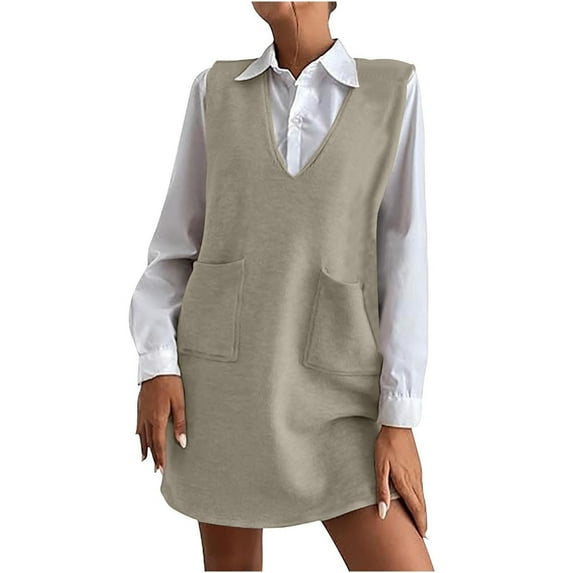 Mikilon Women's V-Neck Sleeveless Dress Solid Color Short Dress with Pockets Casual Thicken Dress