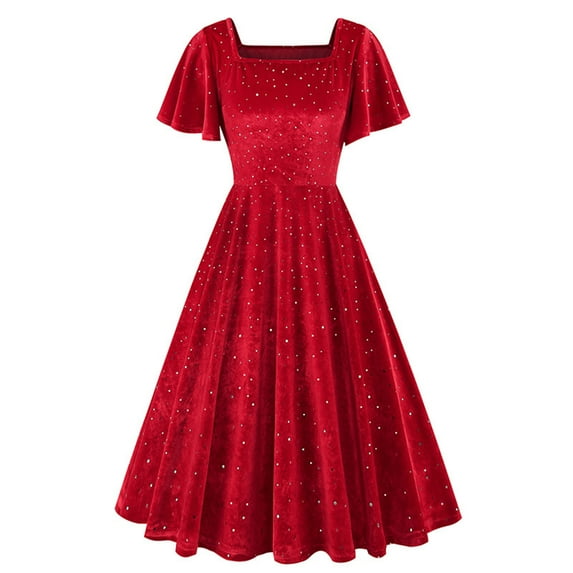 Mikilon Women's Vintage Gown Dresses Solid Color Square Neckline Middle Length Dress