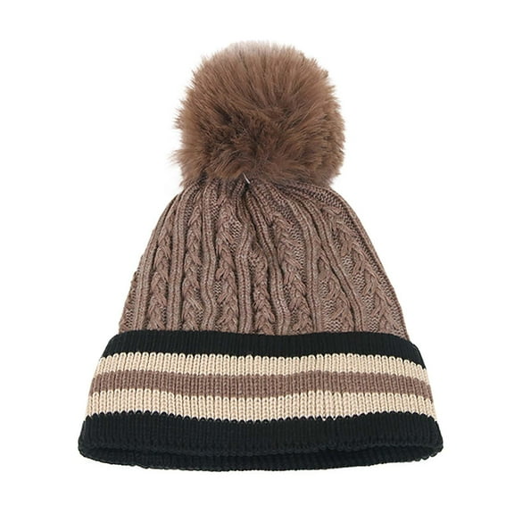 Mikilon Women's Winter Puffball Kniteed Hats Pacthwork Color Plus Vlevet Striped Hats Comfortable Thicken Warm Hats