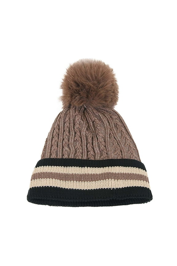 Mikilon Women's Winter Puffball Kniteed Hats Pacthwork Color Plus Vlevet Striped Hats Comfortable Thicken Warm Hats