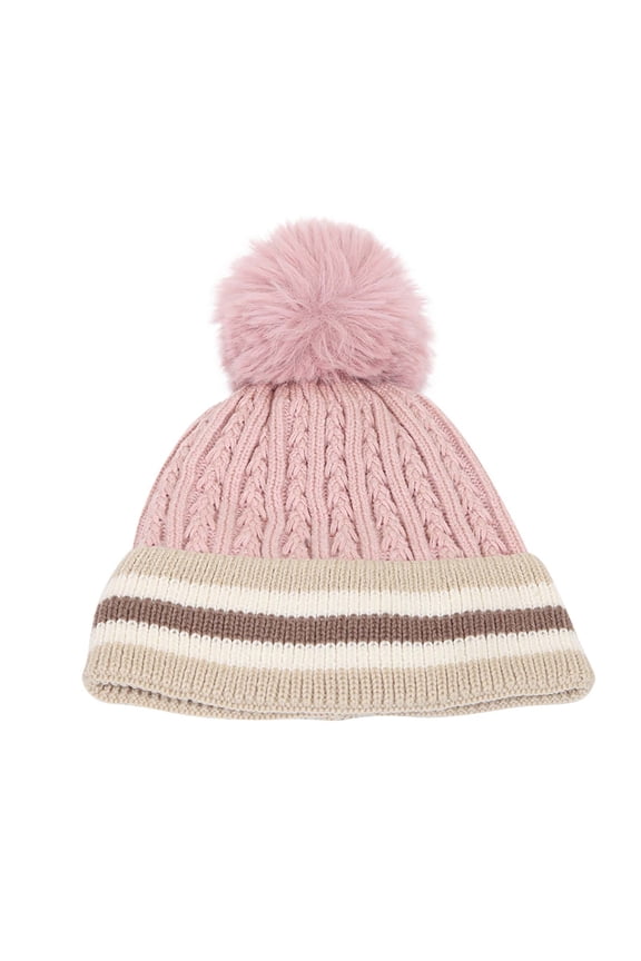 Mikilon Women's Winter Puffball Kniteed Hats Pacthwork Color Plus Vlevet Striped Hats Comfortable Thicken Warm Hats