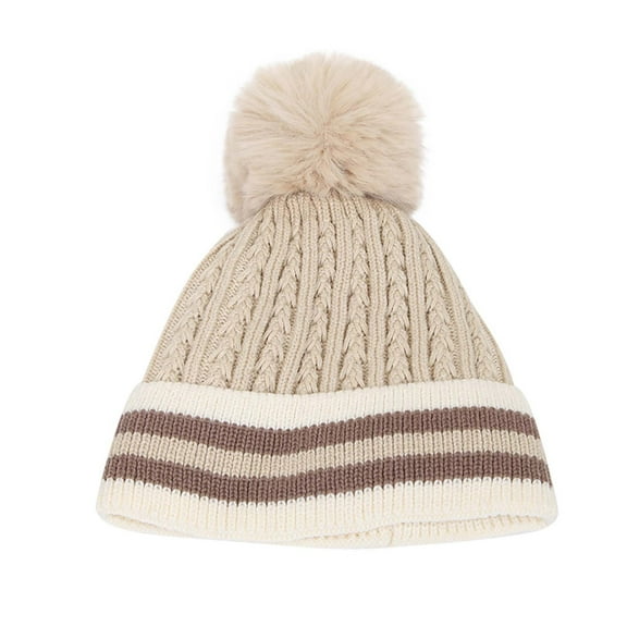 Mikilon Women's Winter Puffball Kniteed Hats Pacthwork Color Plus Vlevet Striped Hats Comfortable Thicken Warm Hats