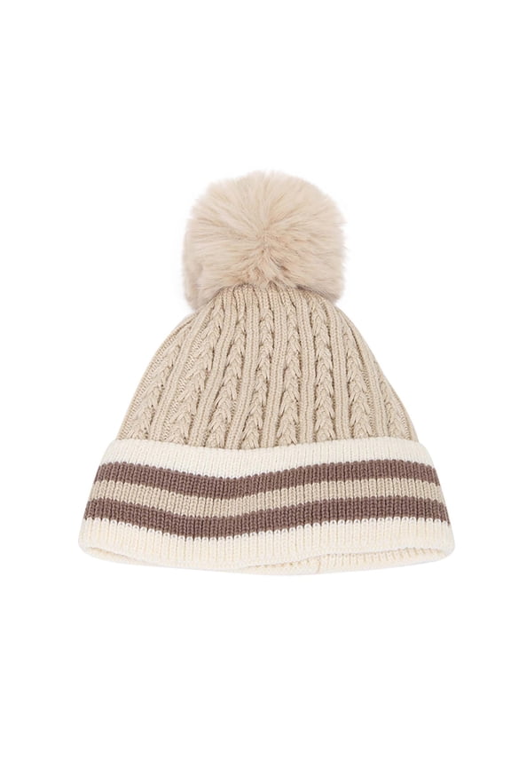 Mikilon Women's Winter Puffball Kniteed Hats Pacthwork Color Plus Vlevet Striped Hats Comfortable Thicken Warm Hats