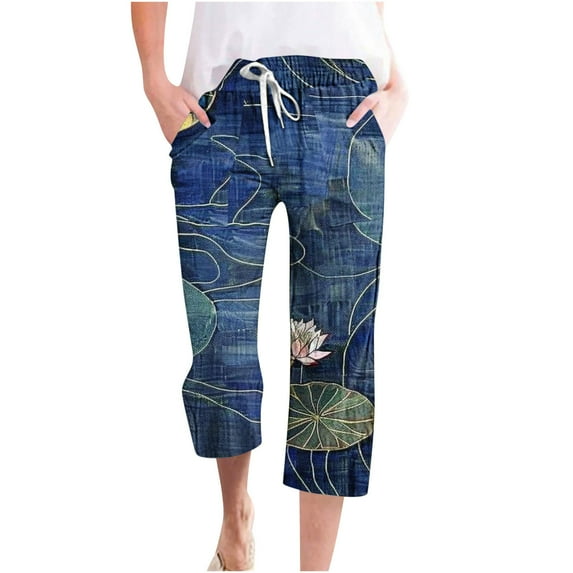 Mikilon Womens Casual Floral Elastic Waist Pants Loose Straight Leg Pants Wide Leg Trousers With Pocket