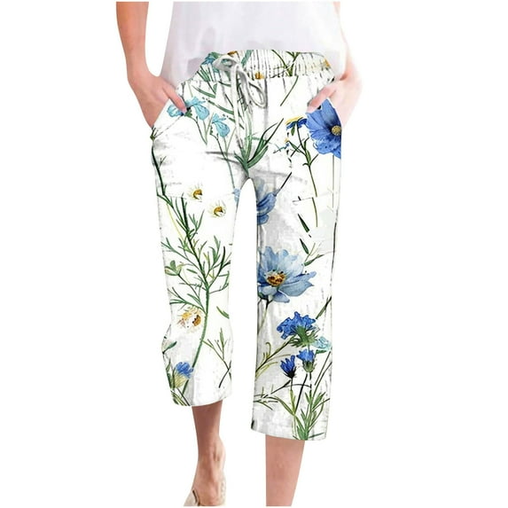 Mikilon Womens Casual Floral Elastic Waist Pants Loose Straight Leg Pants Wide Leg Trousers With Pocket