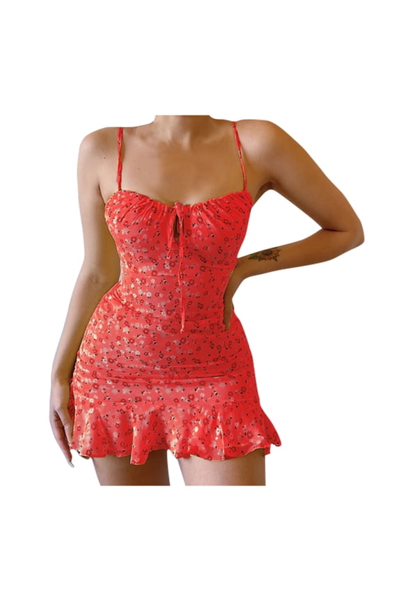 Womens Dress Summer Women's Fashion Floral Spaghetti Strap Mini Dress Summer Casual Dress Summer Dresses for Women Plus Size Red XL