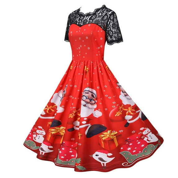 Mikilon Womens Dress on Sale Christmas Women's Short Sleeve O-Neck Printing Vintage Gown Party Dress Womens Fashion Summer Dresses Red XXL