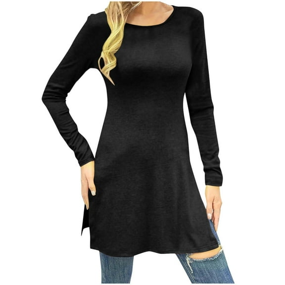 Mikilon Womens Side Slit Long Shirts Round-Neck Long Sleeve Nipped Waist Slim Long Tops