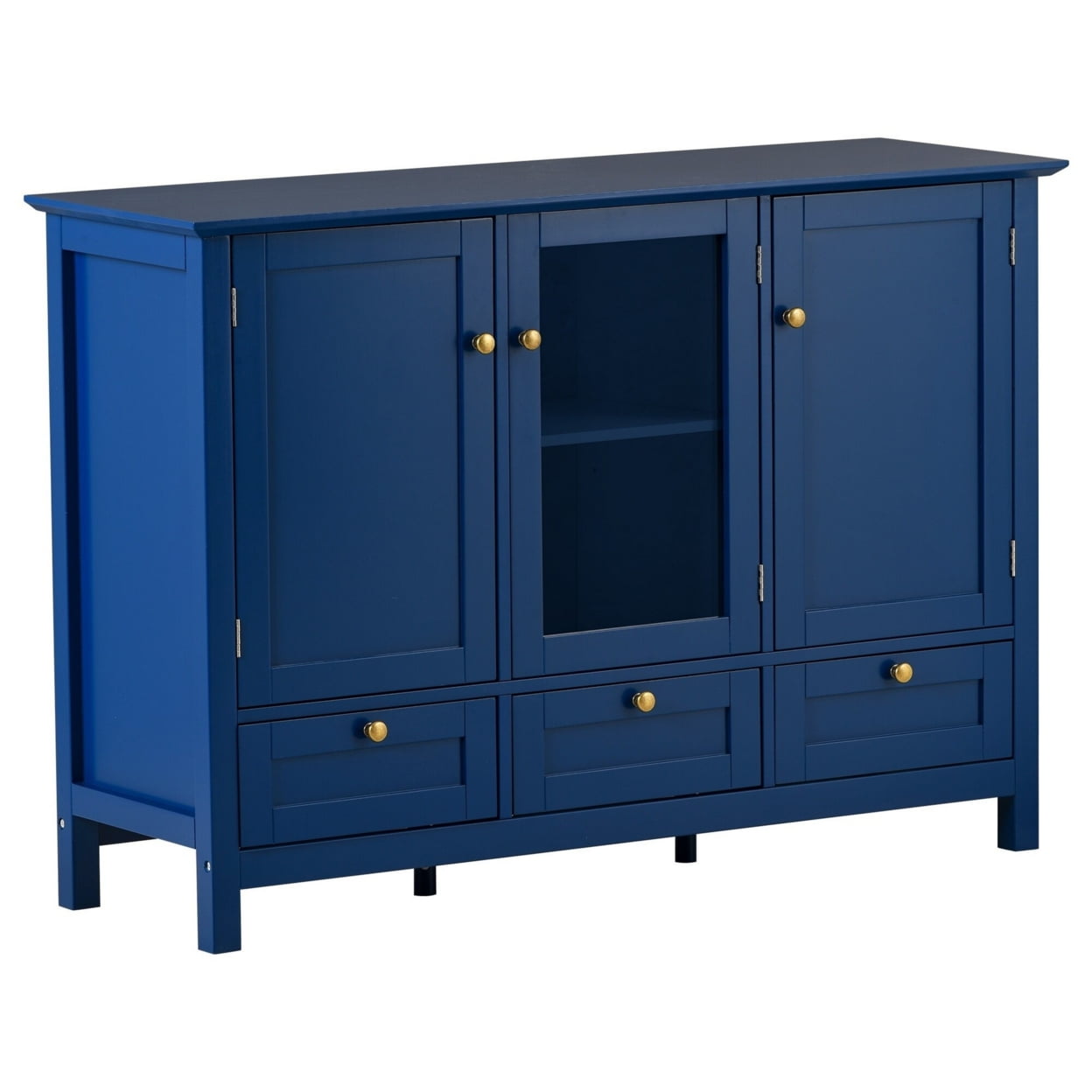 Miko 45 Inch Wood Accent Buffet Cabinet 3 Doors and Drawers Blue Finish Saltoro Sherpi