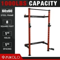 Mikolo 2.36" x 2.36" Folding Wall Mounted Squat Rack, 1000 Pounds Capacity Power Rack with Pull Up Bar, J Hooks, Landmine and Other Attachments, Space-Saving Home Gym