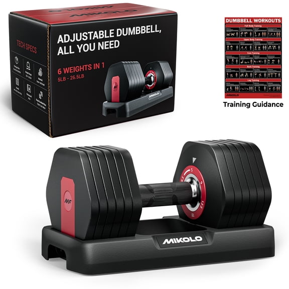 Mikolo 26.5LB Adjustable Dumbbells Set, 1-Sec Adjustable Weights Dumbbells Set, 5LB - 26.5LB 6 in 1 Free Dumbbell with Anti-Slip Texture Handle, Weight Set For Home Gym