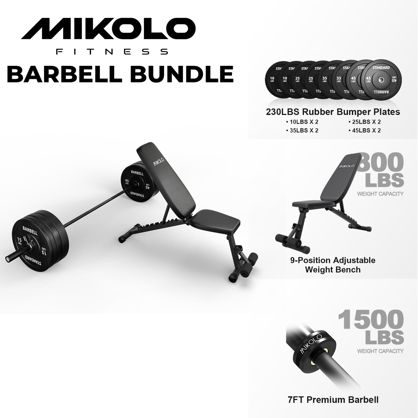 Mikolo 7ft Olympic Barbell, Barbell for Weightlifting and Powerlifting 45lb, Olympic Bar for 1500lbs Capacity, Weight Bar Fit 2” Standard Weights