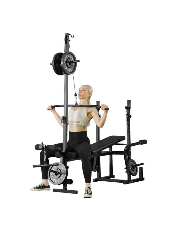 Adjustable Weight Bench 800lbs 6 in 1 with Lat Pull Down, Leg Extension and Leg Curl, Chest Fly and Preacher Curl Workout Bench Multi-Function Strength Training Bench Press Exercise Equipment