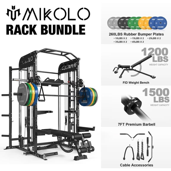 Mikolo All-in-One Power Rack with Smith Machine, Leg Press & Lat Pulldown, 2000LBS Squat Rack Cage for Home Gym, Includes Bench, Barbell & 260LB Weight Plates