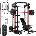thumbnail image 1 of Mikolo Red Power Rack Cage with Dual Pulley Cable Crossover Machine,Multi-Function Squat Rack with J Hooks,Dip Bars and Landmine for Home Gym with 370 Black Weight Plates, 1 of 13