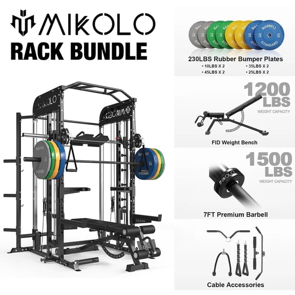 Mikolo All-in-One Power Rack with Smith Machine, Leg Press & Lat Pulldown, 2000LBS Squat Rack Cage for Home Gym, Includes Bench, Barbell & Weight Plates