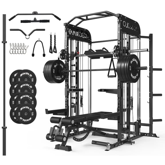 Mikolo All-in-One Power Rack with Smith Machine, Leg Press & Lat Pulldown, 2000LBS Squat Rack Cage for Home Gym, Includes Weight Bench, Barbell & 230LB Black Weight Plates