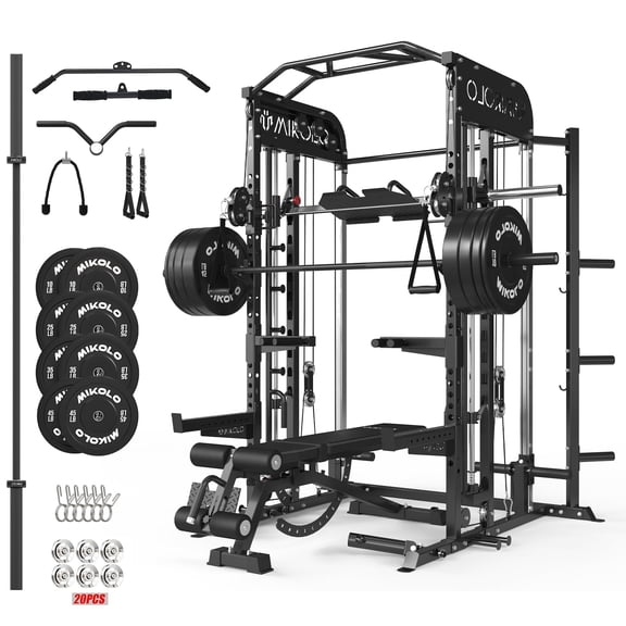 Mikolo All-in-One Power Rack with Smith Machine, Leg Press & Lat Pulldown, 2000LBS Squat Rack Cage for Home Gym, Includes Weight Bench, Barbell & 230LB Black Weight Plates